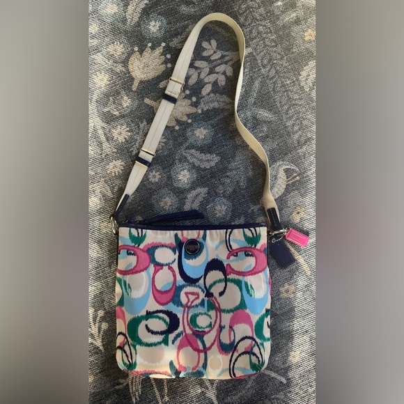 Coach Scribble IKAT Logo multi colored on tan background Crossbody Bag - Picture 2 of 11